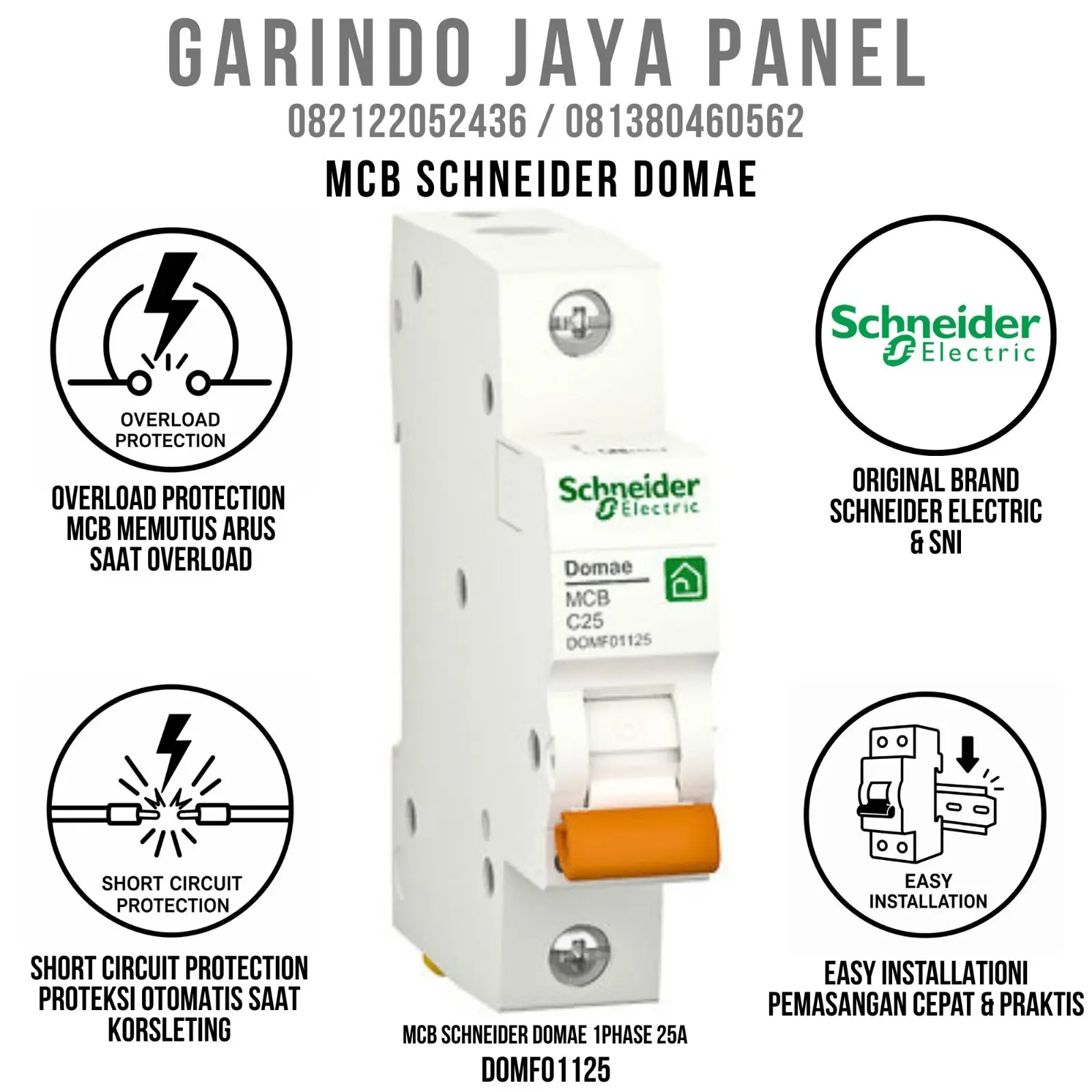 MCB SCHNEIDER 1PHASE 25A TYPE DOMAE DOMF01125